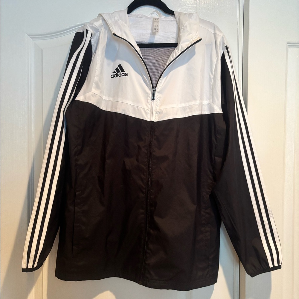 Adidas black and white hooded windbreaker with pockets